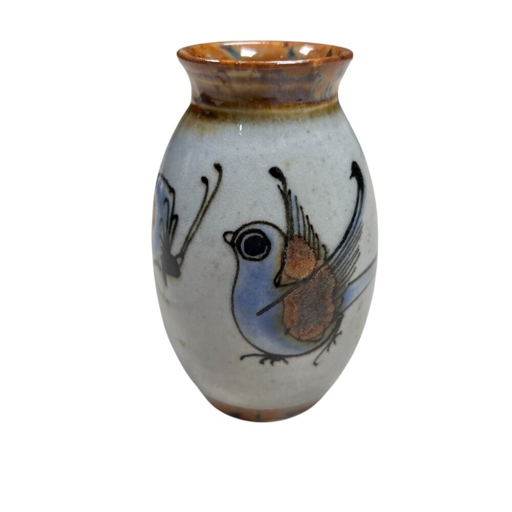 Vintage Tonala Mexico Glazed Pottery Bird Miniature Vase 4”